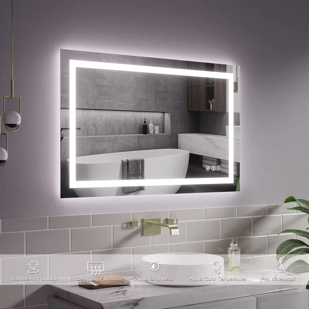 Rectangular smart led vanity mirror with anti fog & touchscreen