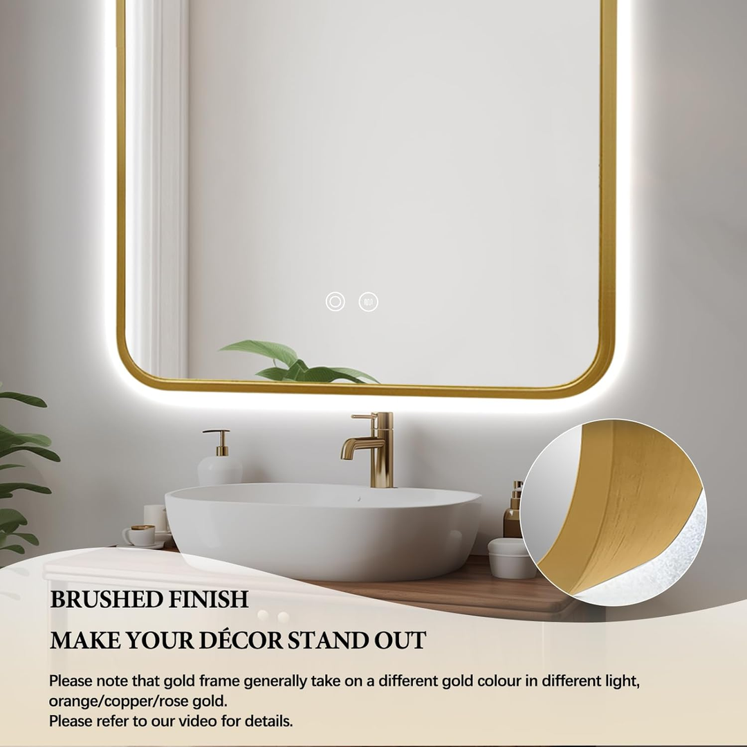 Arched Gold LED Bathroom Mirror 24x36" with Anti-Fog