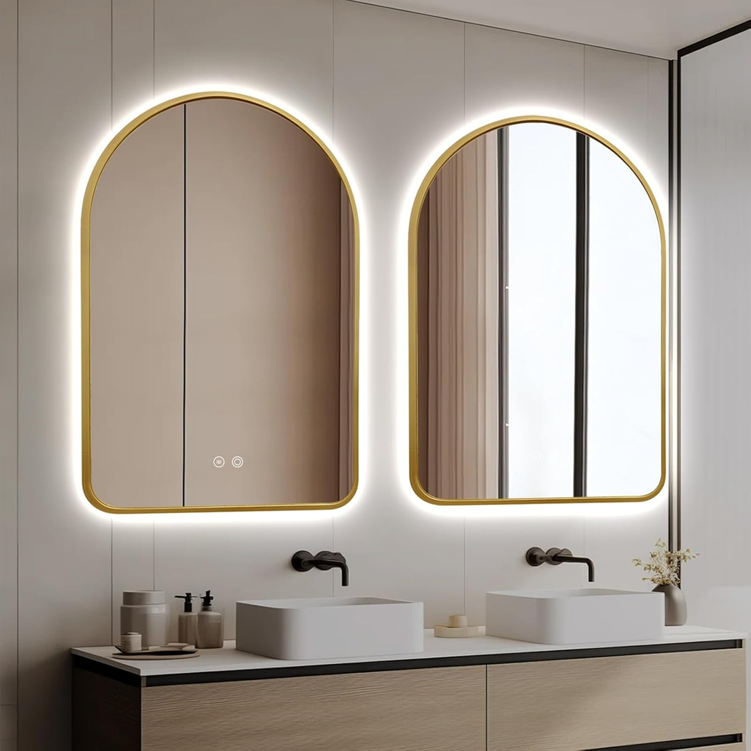 Arched Gold LED Bathroom Mirror 24x36" with Anti-Fog