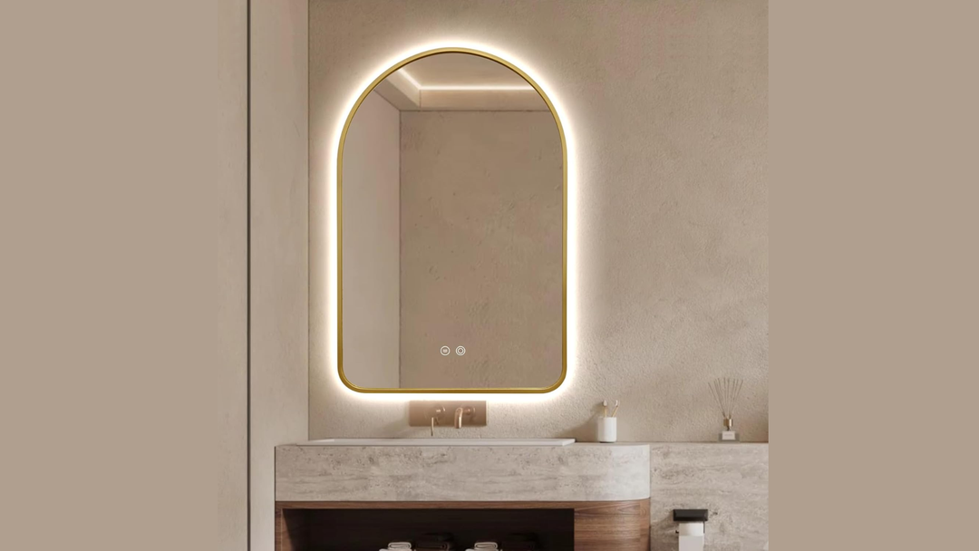 Arched Gold LED Bathroom Mirror 24x36" with Anti-Fog