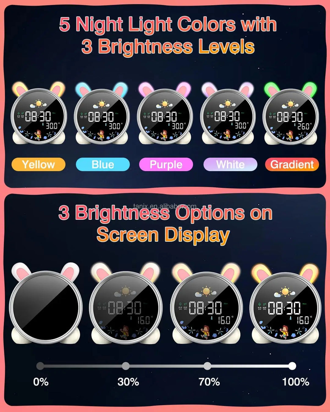 Modern Plastic Digital LED Desk Clocks with Night Light Sleep Trainer Calendars 7-color Lights for Kids