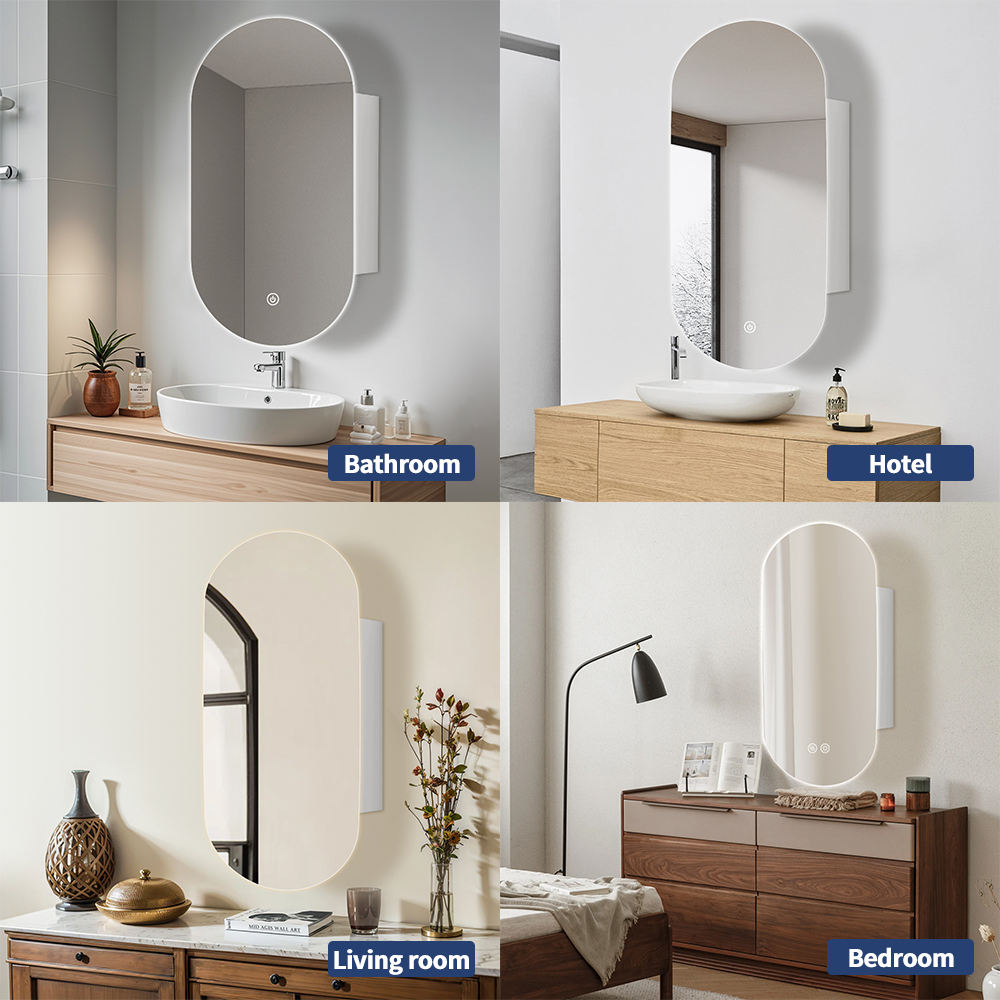 Matte White Oval Bathroom Mirror Cabinet