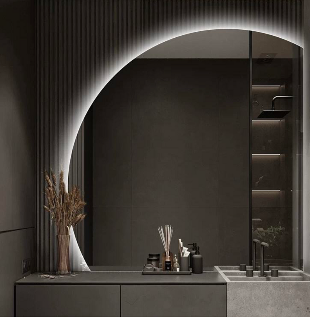 Modern Asymmetrical LED Wall Mounted Mirror Semi-Circular Design for Salon Hotel Bathroom Bedroom & Living Room