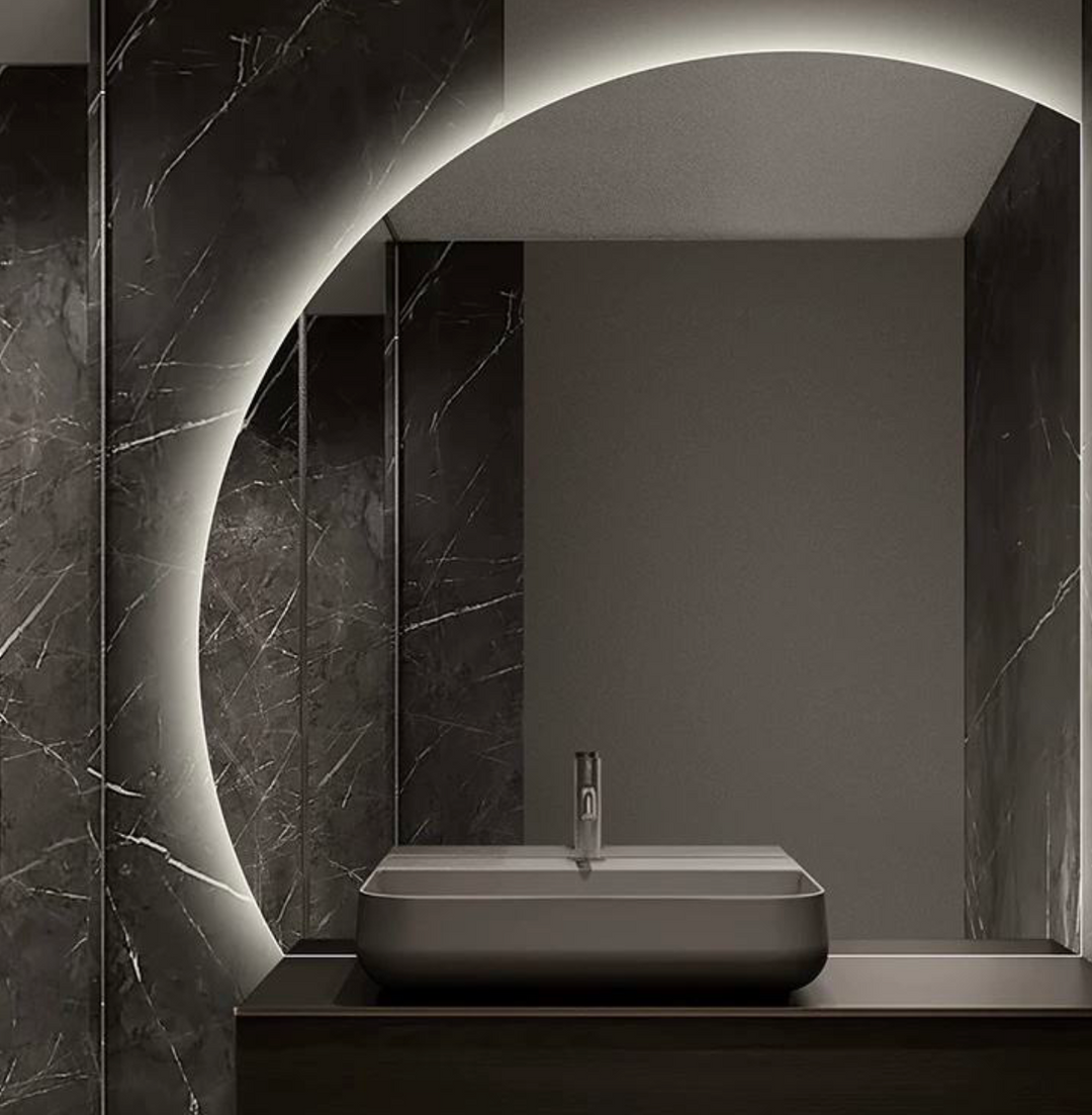Modern Asymmetrical LED Wall Mounted Mirror Semi-Circular Design for Salon Hotel Bathroom Bedroom & Living Room