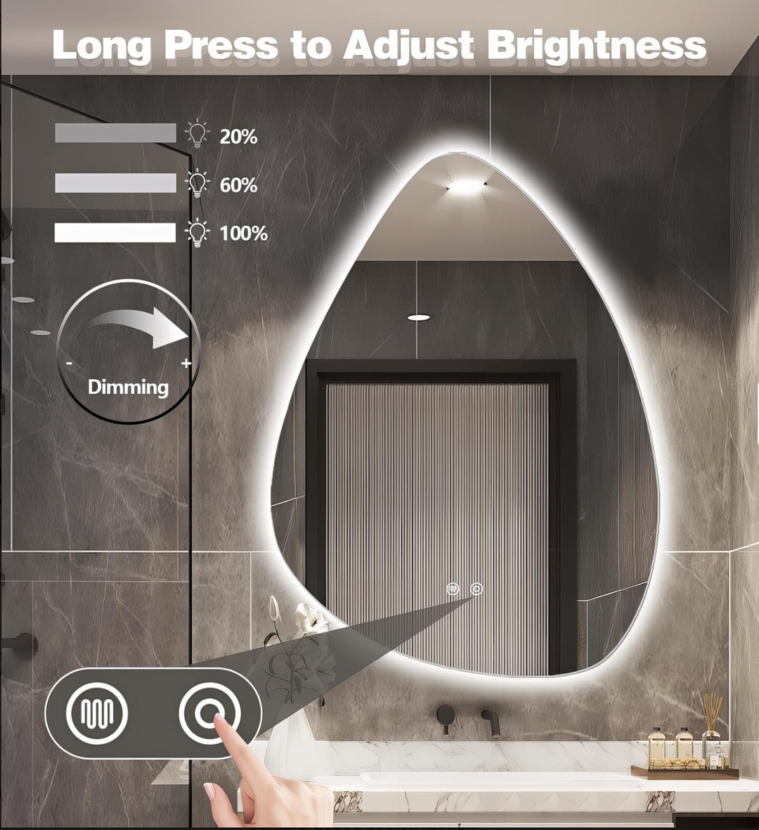 LED Frameless Glass Anti-Fog Wall-Mounted Touch Switch Bathroom Vanity Mirror