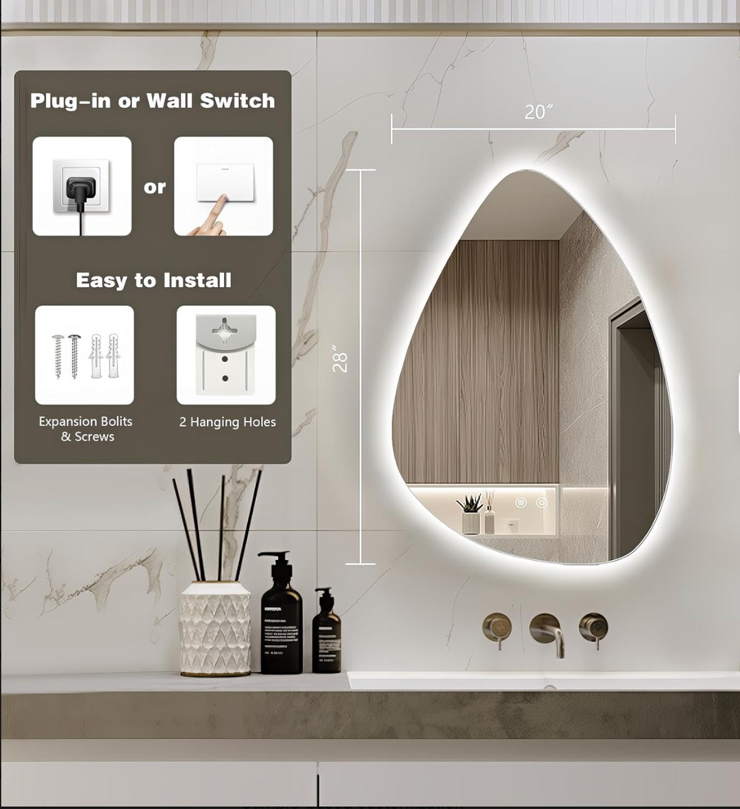 LED Frameless Glass Anti-Fog Wall-Mounted Touch Switch Bathroom Vanity Mirror
