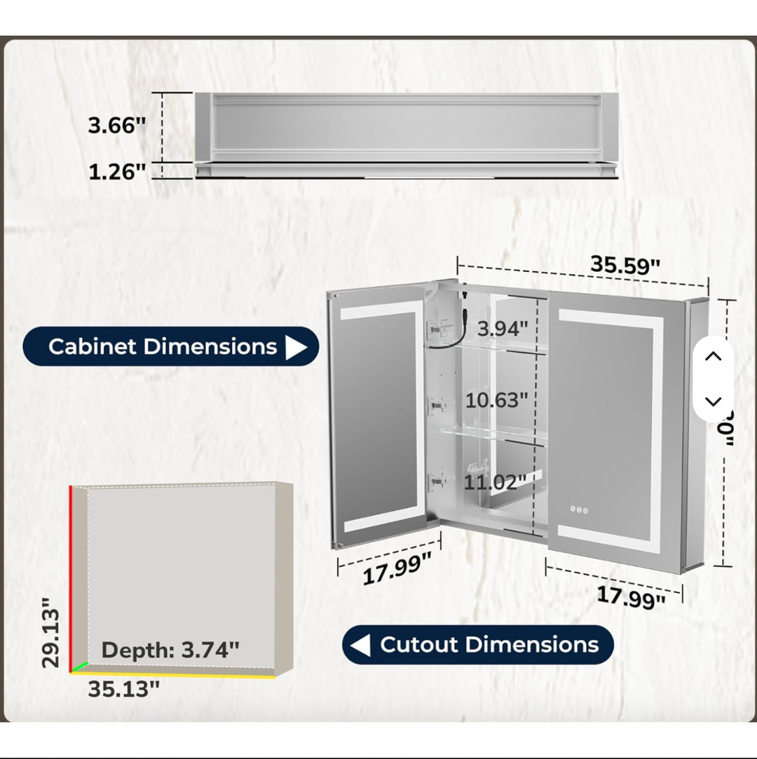 Modern 3-Color Dimmable LED Lighted Aluminum Frame Medicine Cabinet Mirror Defogger Touch Control Wall-Mounted Living Room