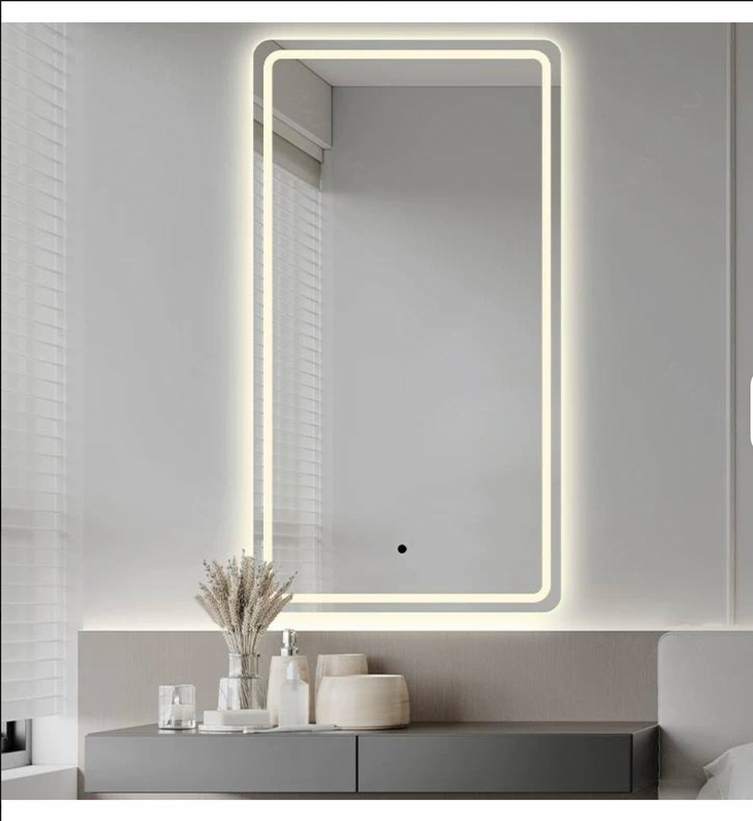 Modern Rectangle LED Frameless Dimmable Touch Switch Wall Mounted Vanity Mirror for Bathroom Bedroom Hotel Living Room Graphic