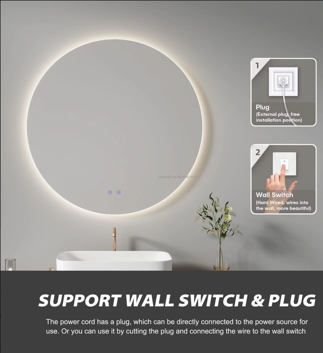Modern Rectangle LED Frameless Dimmable Touch Switch Wall Mounted Vanity Mirror for Bathroom Bedroom Hotel Living Room Graphic