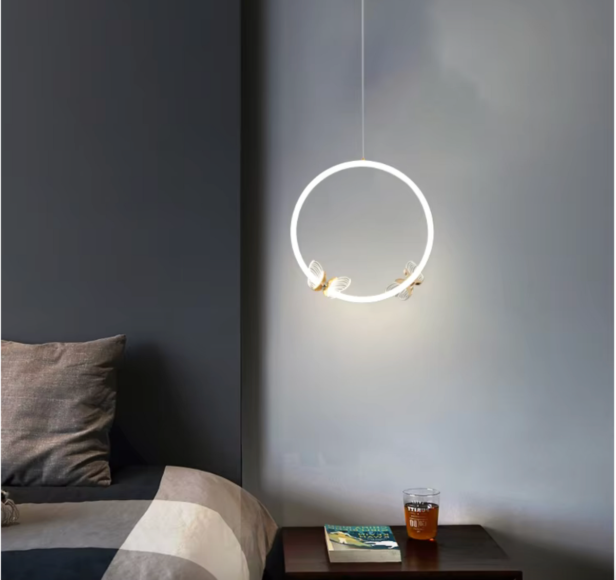 Round ring modern iron lamp body hanging luminous butterfly pendent led chandelier lights